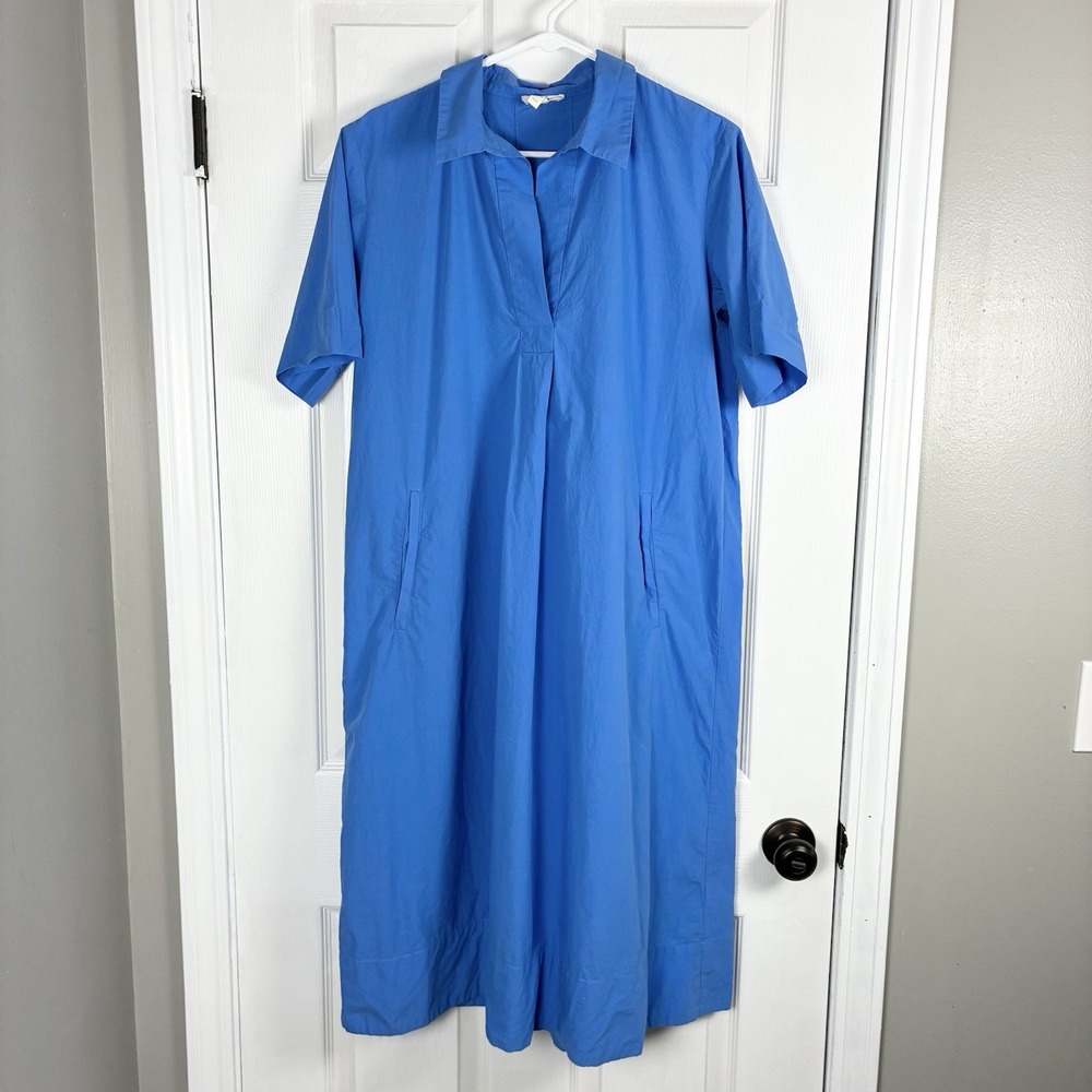 Eileen Fisher Washed Organic Cotton Poplin Split Neck Collared Dress Blue XS - Picture 1 of 4